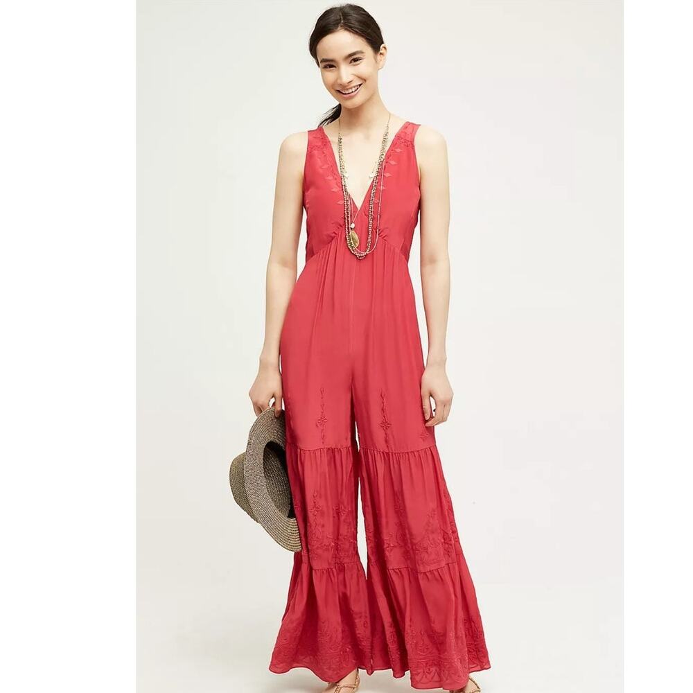 New Anthropologie ELEVENSES Embroidered Silk Jumpsuit $298 SMALL Raspberry